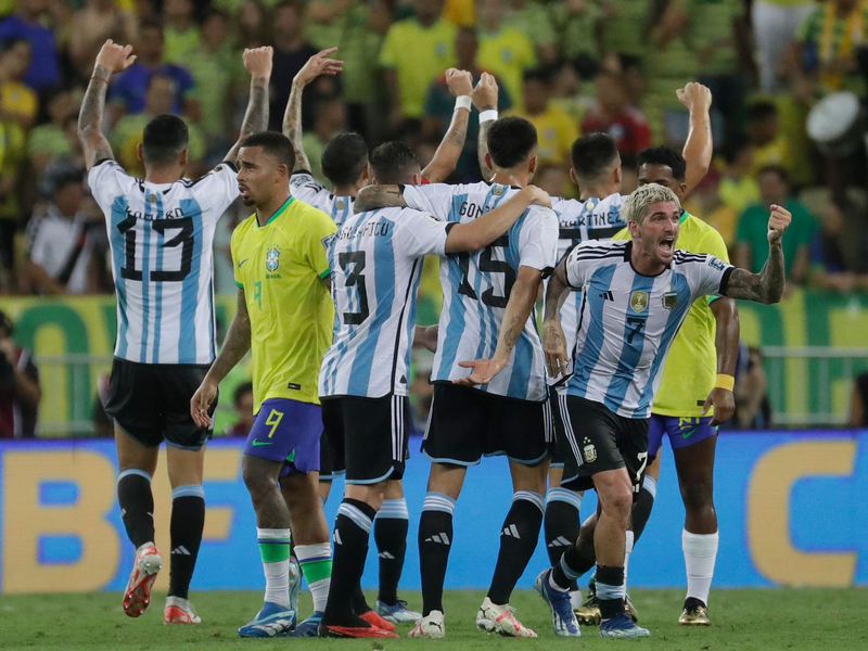 Die argentinischen Spieler feiern den 1:0-Sieg ihrer Mannschaft. - Foto: Bruna Prado/AP