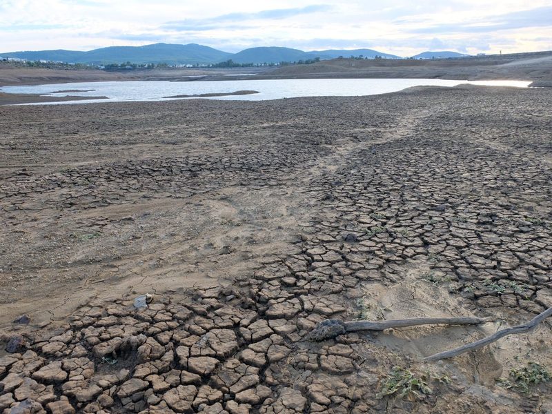 Der Staudamm Mumcular: Der einst stattliche Stausee liegt zusammengeschrumpft inmitten vertrockneter und aufgerissener Erde im Osten des türkischen Urlaubsorts Bodrum. - Foto: Mirjam Schmitt/dpa