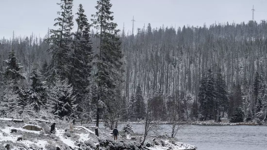 Wanderer gehen am leicht verschneiten Oderteich im Harz spazieren. - Bild: Swen Pförtner/dpa