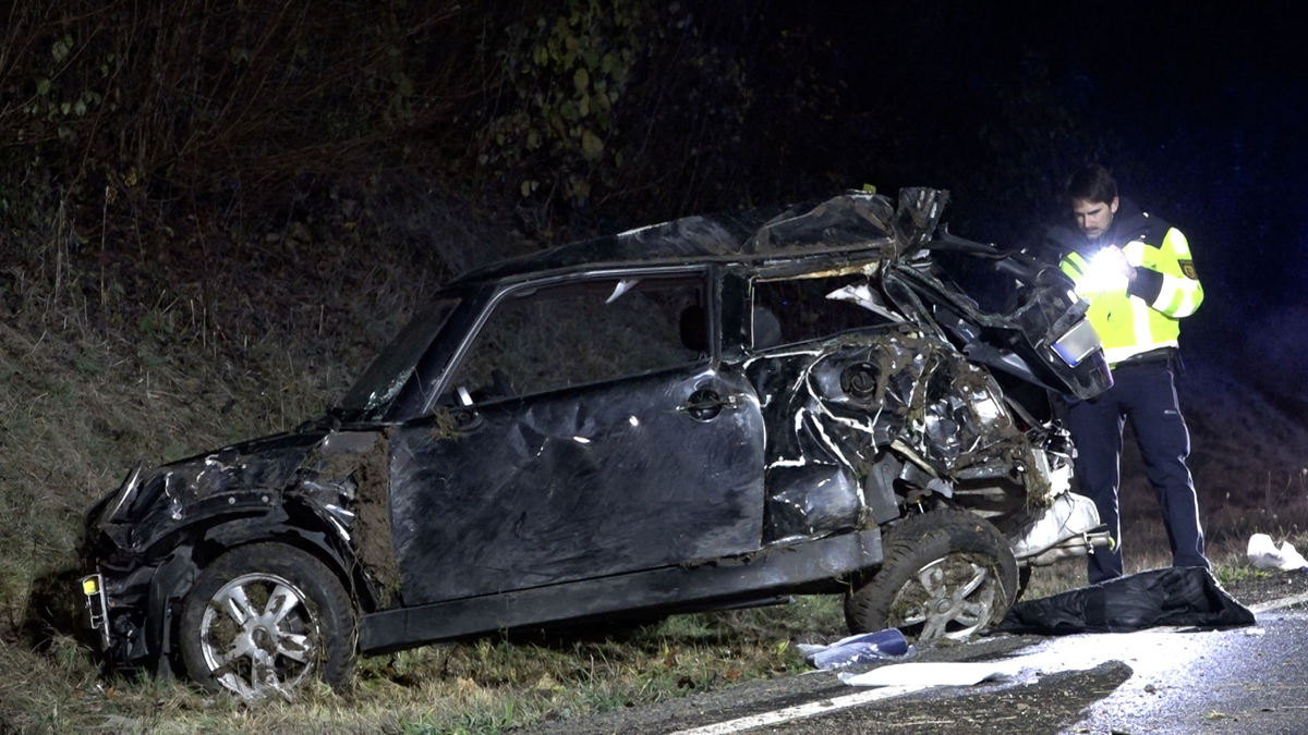 Das Autowrack an der Unfallstelle: Ein 19-Jähriger ist bei dem Unfall gestorben. - Foto: News5 / Höfig/NEWS5/dpa