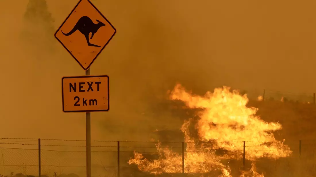 Feuer brennt im Gras in der Nähe von Bumbalong, südlich der australischen Hauptstadt Canberra. - Bild: Rick Rycroft/AP/dpa