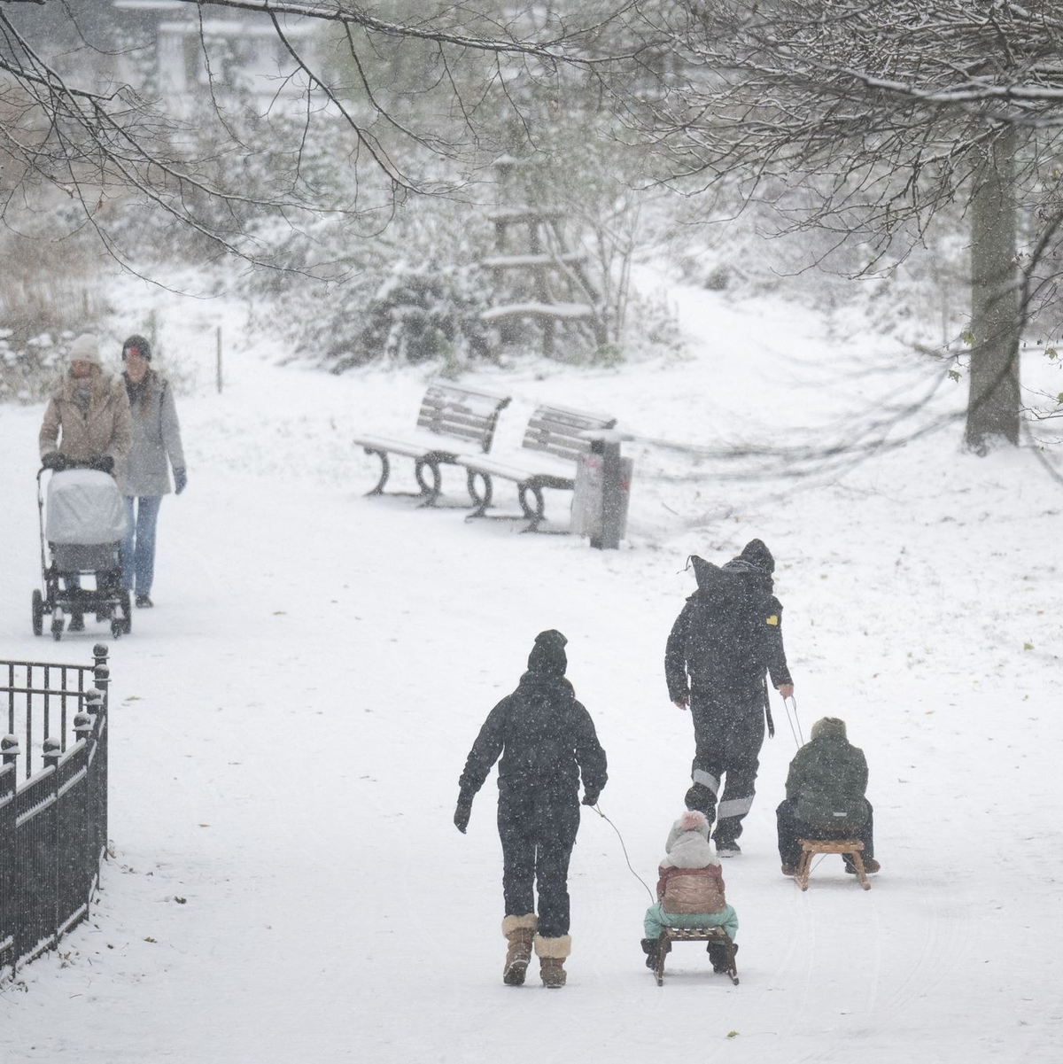 Menschen spazieren durch den verschneiten Volkspark Friedrichshain in Berlin. - Foto: Hannes P. Albert/dpa