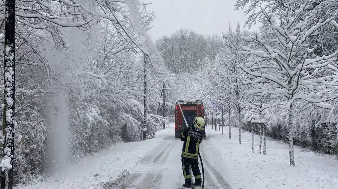Kräfe der Feuerwehr im Einsatz in Kritzendorn, um Stromleitungen vor herabfallenden Ästen zu schützen. - Bild: Franz Resperger/NÖLFK/APA/dpa