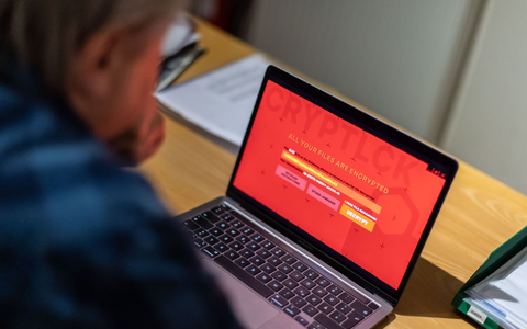 Ein Mann sitzt vor einem Laptop, der mit einem Verschlüsselungstrojaner (Ransomware) befallen ist. - Foto: Lino Mirgeler/dpa