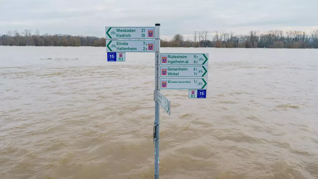 Der Radweg mit Beschilderung am Rheinufer im Ortsteil Mittelheim (Oestrich-Winkel) steht komplett unter Wasser. - Bild: Andreas Arnold/dpa