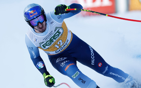 Der Italiener Dominik Paris jubelt im Ziel. - Foto: Alessandro Trovati/AP