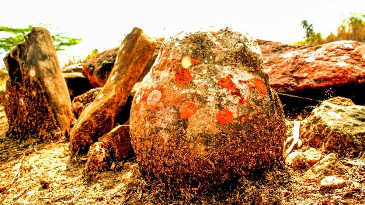 Diese als göttlich verehrte Steinkugel in Indien hat sich als Dino-Ei entpuppt. - Foto: Vishal Verma/dpa