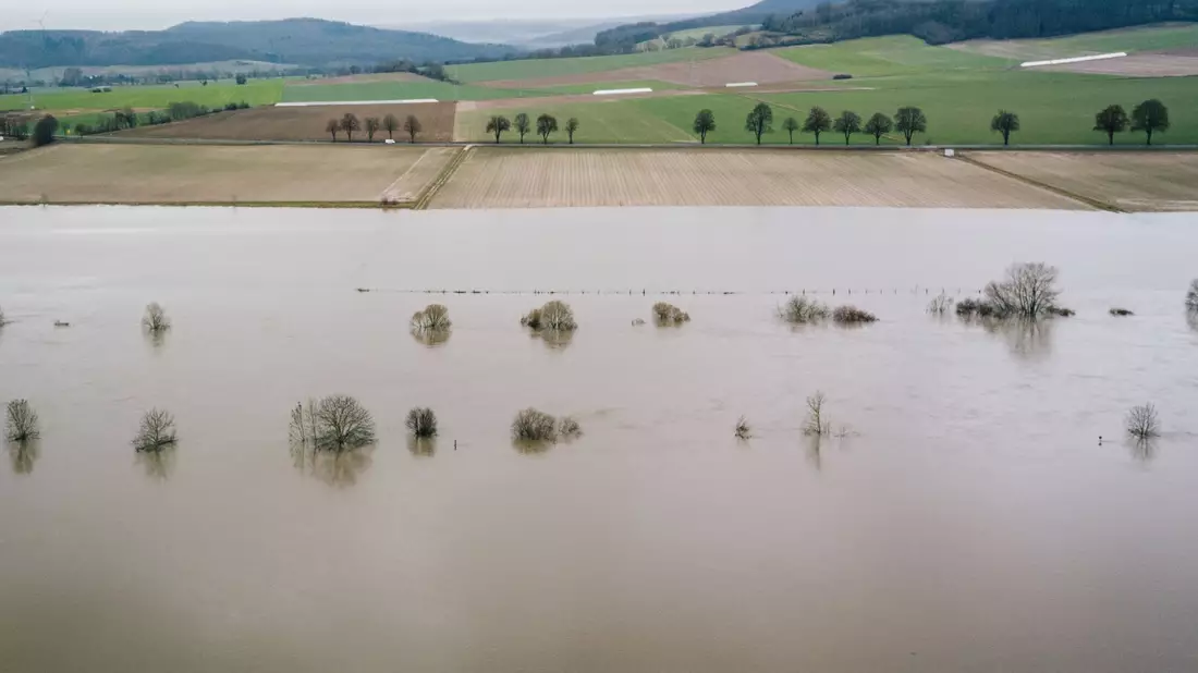 Wiesen und Felder werden vom Hochwasser der Weser überflutet. - Bild: Ole Spata/dpa