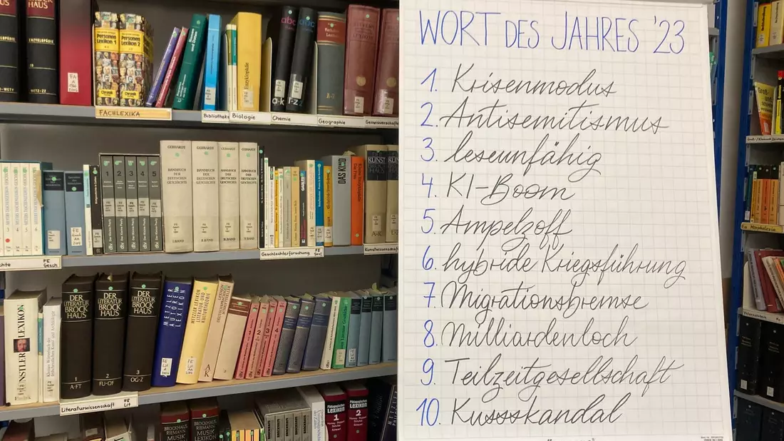 Das Wort des Jahres «Krisenmodus» steht an erster Stelle vor den Wörtern «Antisemitismus» und «leseunfähig» auf einer Tafel. - Bild: Andrea Löbbecke/dpa