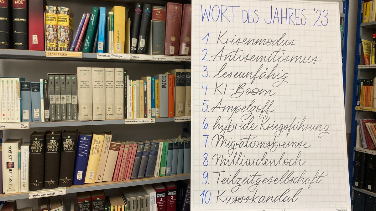 Das Wort des Jahres «Krisenmodus» steht an erster Stelle vor den Wörtern «Antisemitismus» und «leseunfähig» auf einer Tafel. - Foto: Andrea Löbbecke/dpa