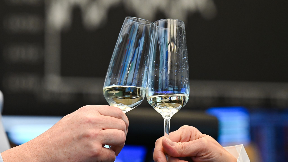 Allen Grund anzustoßen: Zwei Börsenhändler im Handelssaal der Frankfurter Börse. - Foto: Arne Dedert/dpa