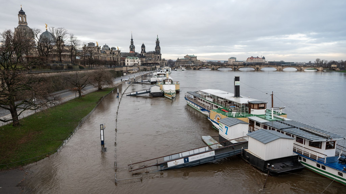 Ein Mann fährt mit seinem Fahrrad über die vom Hochwasser überfluteten Elbwiesen am Königsufer in Dresden. - Foto: Robert Michael/dpa