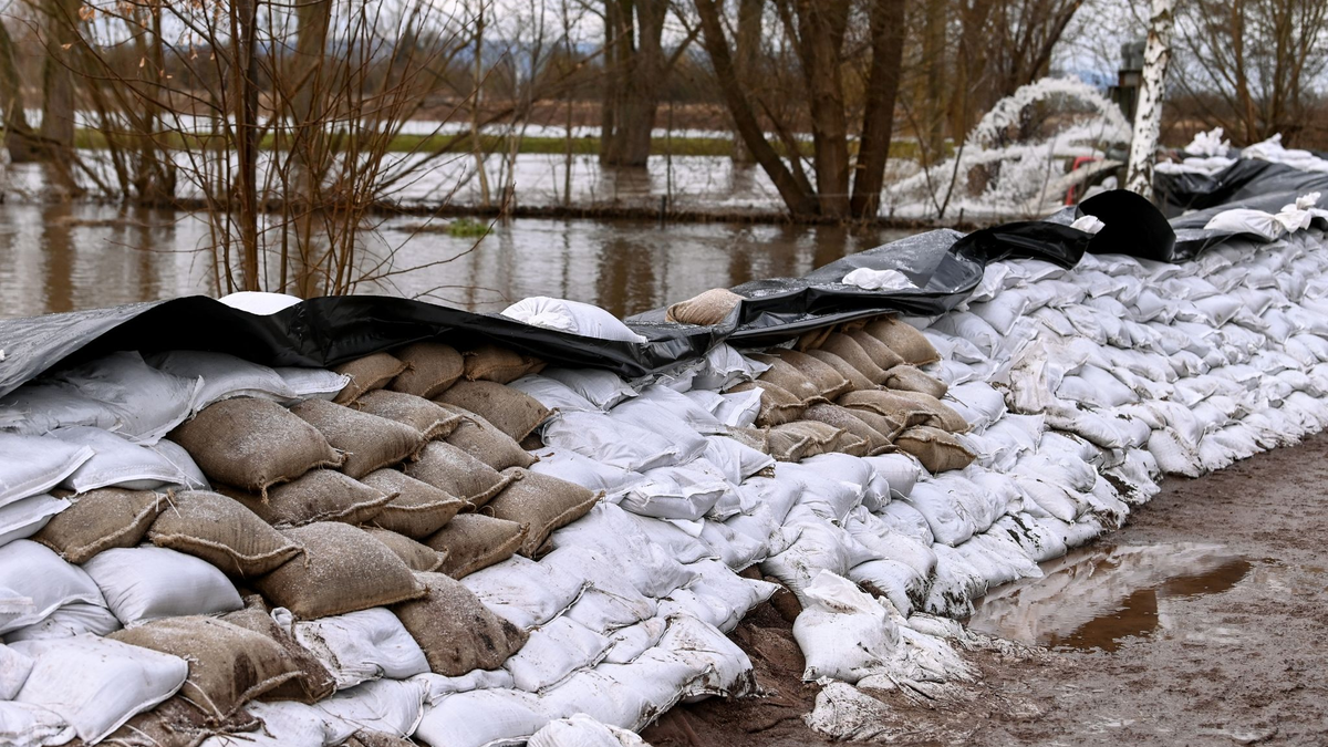 Einen großen Damm aus Sandsäcken haben freiwillige Helfer und Feuerwehren in den letzten Tagen an der Helme errichtet. - Foto: Heiko Rebsch/dpa