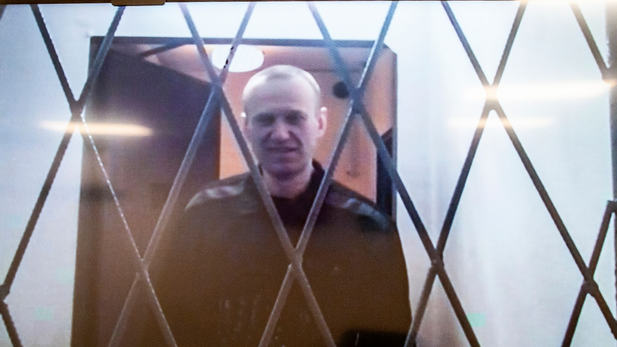 Alexej Nawalny ist auf einem Fernsehbildschirm zu sehen, als er per Video aus einem Gerichtssaal erscheint. - Foto: Antonina Favorskaya/AP/dpa