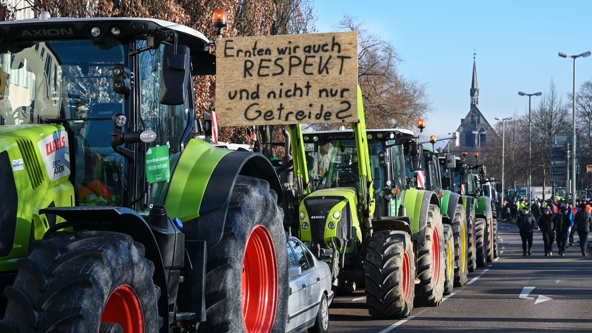 Mit einem Traktor-Konvoi demonstrieren Bauern gegen Subventionskürzungen. - Foto: Uwe Zucchi/dpa