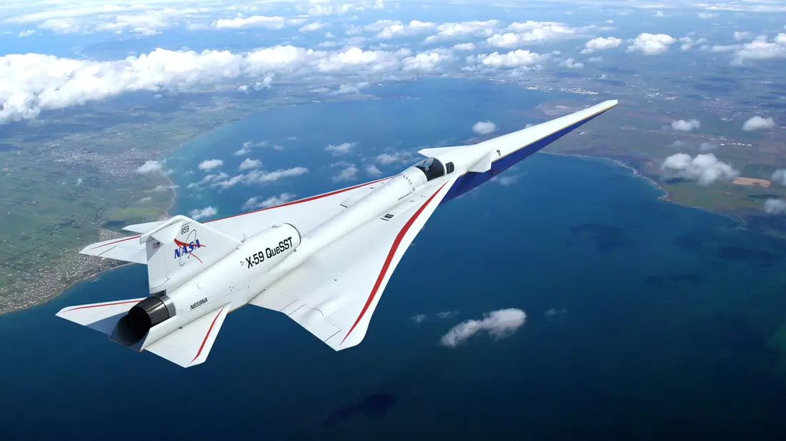 Dieser künstlerische Entwurf aus dem Jahr 2019 zeigt, wie das von der NASA in Auftrag gegebene neue Überschallflugzeug Lockheed Martin X-59 QueSST (kurz für Quiet SuperSonic Technology) aussehen könnte. - Bild: Lockheed Martin/NASA/dpa