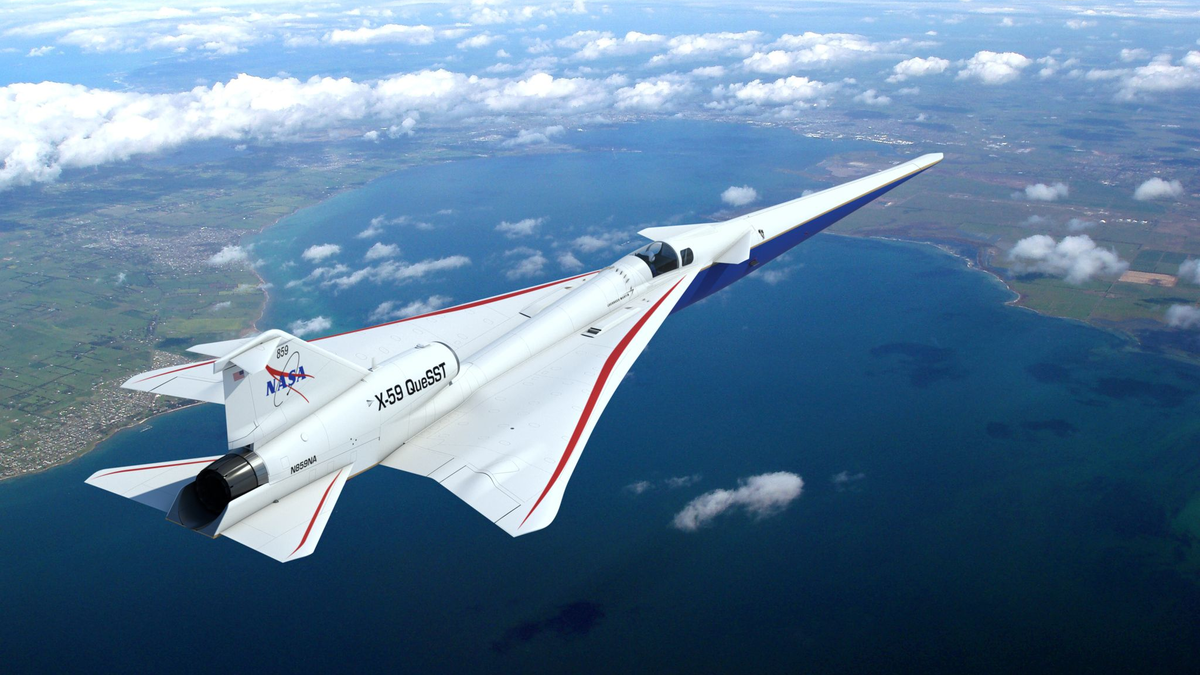 Dieser künstlerische Entwurf aus dem Jahr 2019 zeigt, wie das von der NASA in Auftrag gegebene neue Überschallflugzeug Lockheed Martin X-59 QueSST (kurz für Quiet SuperSonic Technology) aussehen könnte. - Foto: Lockheed Martin/NASA/dpa
