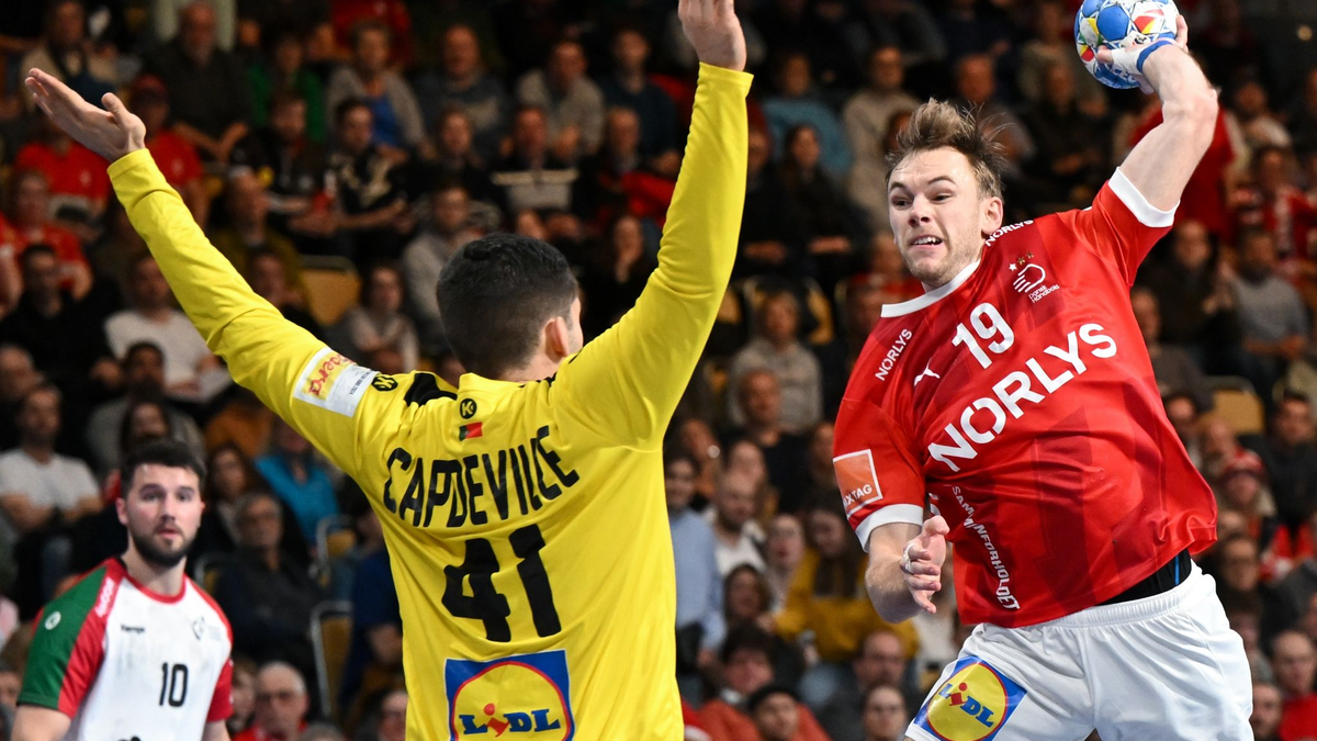 Dänemarks Mathias Gidsel (r) wirft auf das Tor von Portugals Gustavo Capdeville. - Foto: Sven Hoppe/dpa