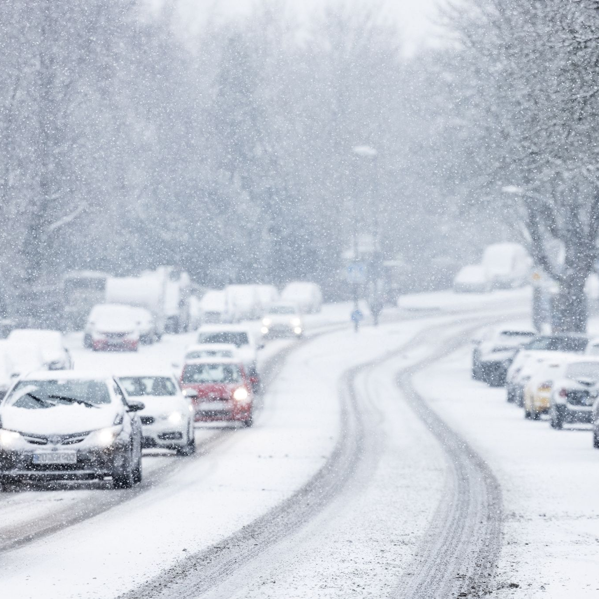 Nur langsam kommen Autos in der Kölner Innenstadt im dichten Schneetreiben voran. - Foto: Rolf Vennenbernd/dpa