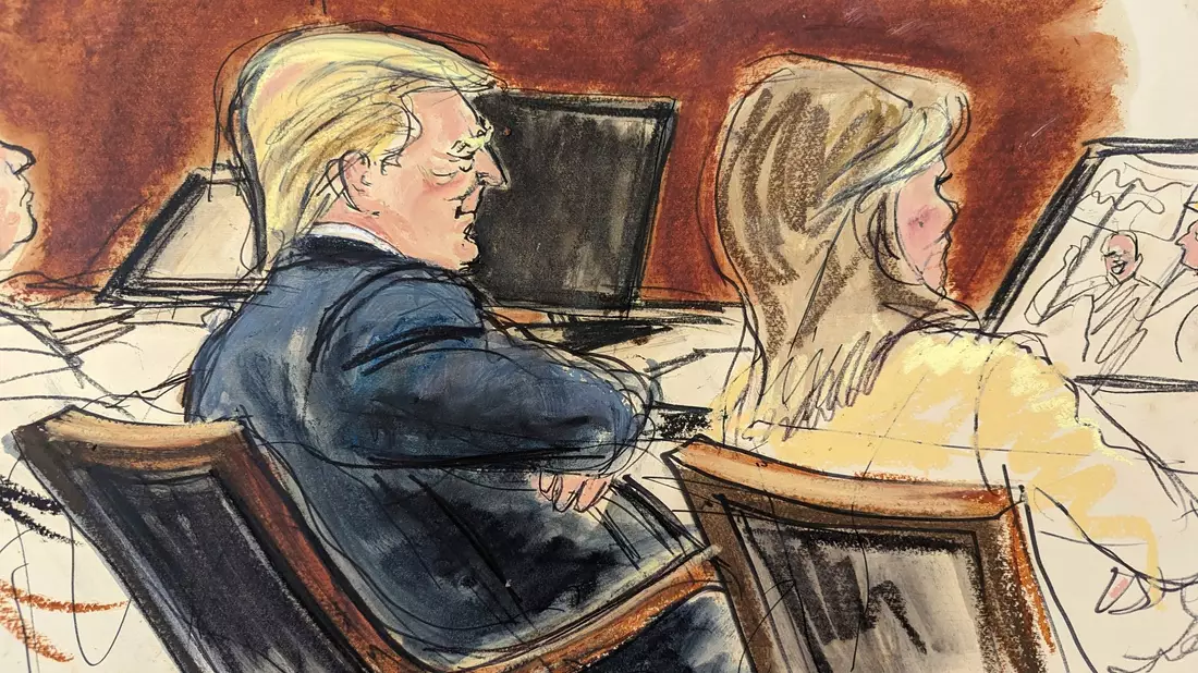 Die Skizze zeigt Donald Trump neben seiner Anwältin im Gerichtssaal in New York. - Bild: Elizabeth Williams/AP/dpa