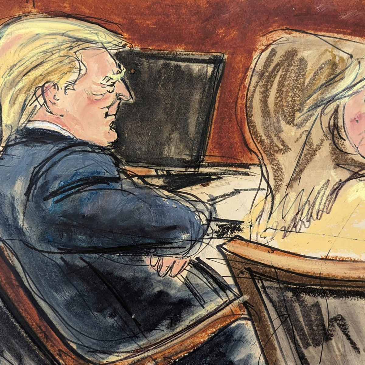 Die Skizze zeigt Donald Trump neben seiner Anwältin im Gerichtssaal in New York. - Foto: Elizabeth Williams/AP/dpa