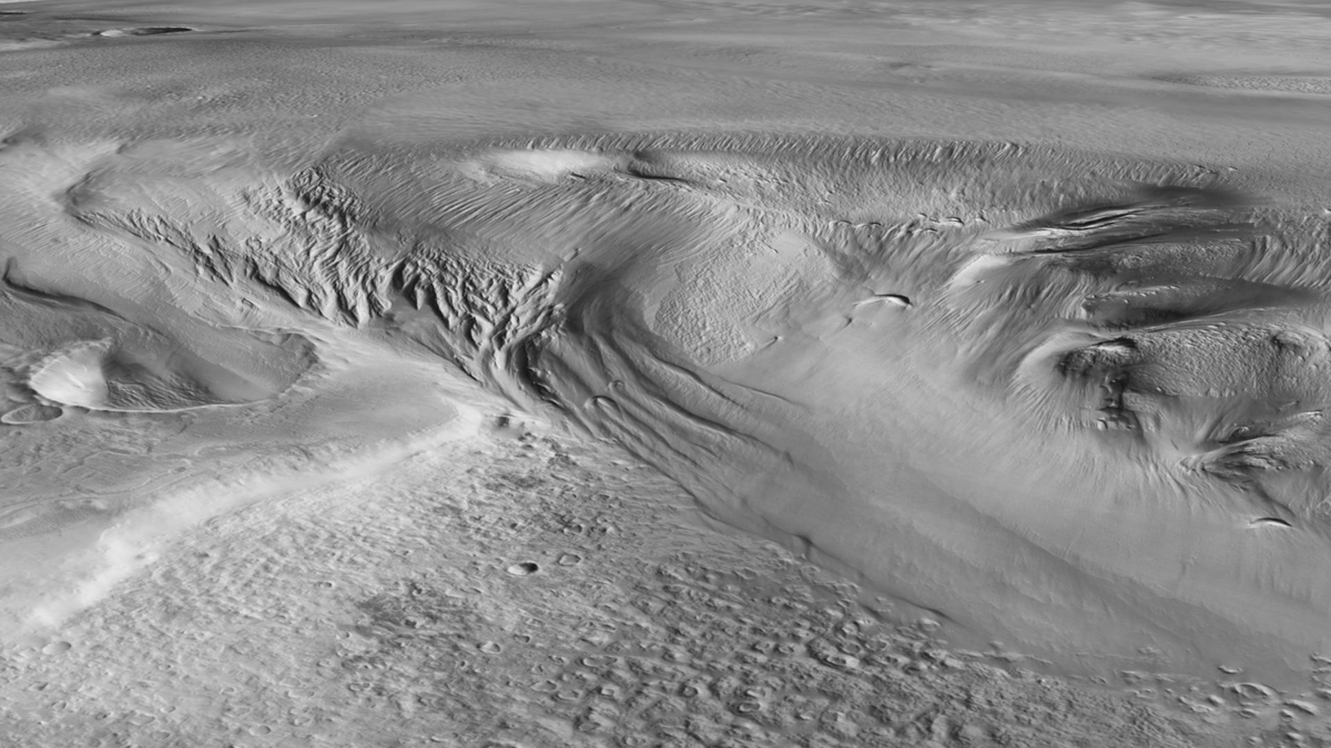 Das Bild zeigt die Mars-Region Eumenides Dorsum in der Formation Medusae Fossae, wo vermutlich die dickste eishaltige Ablagerung zu finden ist. - Foto: ESA/dpa