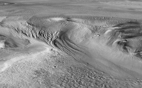 Das Bild zeigt die Mars-Region Eumenides Dorsum in der Formation Medusae Fossae, wo vermutlich die dickste eishaltige Ablagerung zu finden ist. - Foto: ESA/dpa