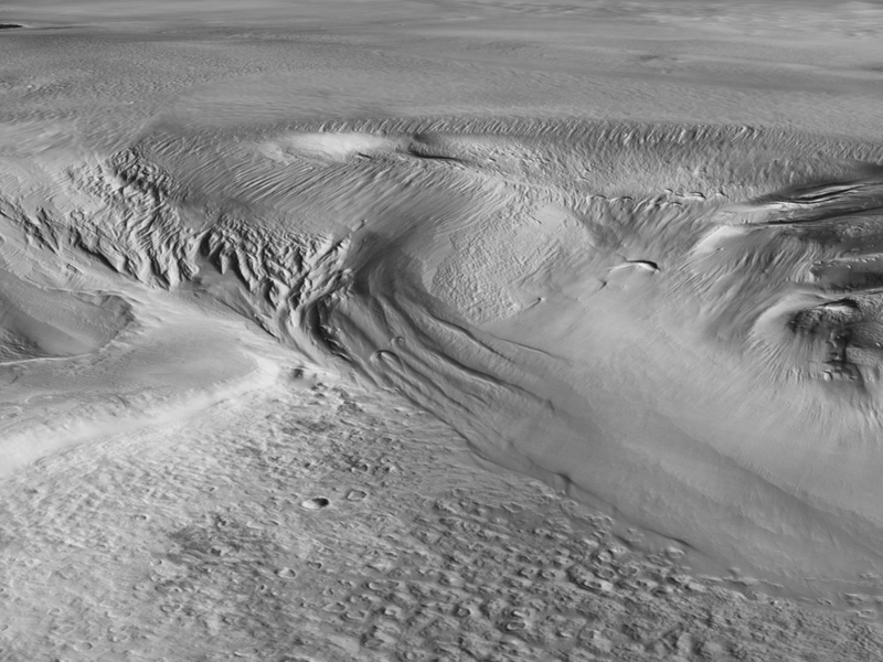 Das Bild zeigt die Mars-Region Eumenides Dorsum in der Formation Medusae Fossae, wo vermutlich die dickste eishaltige Ablagerung zu finden ist. - Foto: ESA/dpa