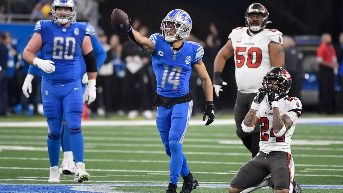 Er trägt die Nummer 14 und er ist in Topform: Amon-Ra St. Brown von den Detroit Lions. - Bild: Jose Juarez/AP/dpa