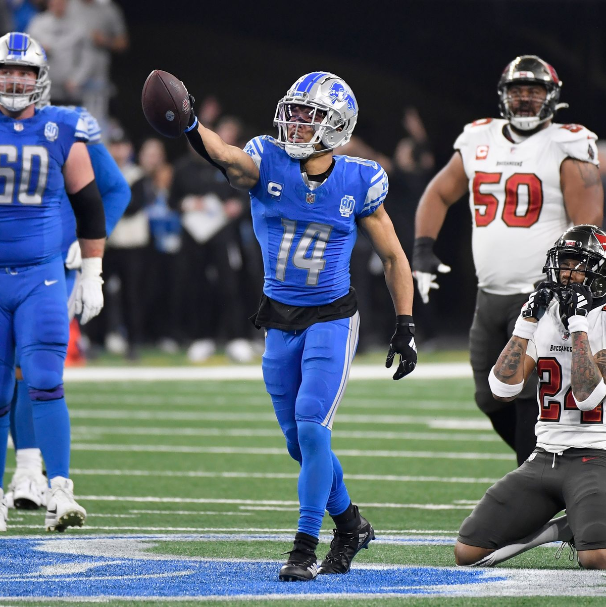 Er trägt die Nummer 14 und er ist in Topform: Amon-Ra St. Brown von den Detroit Lions. - Foto: Jose Juarez/AP/dpa