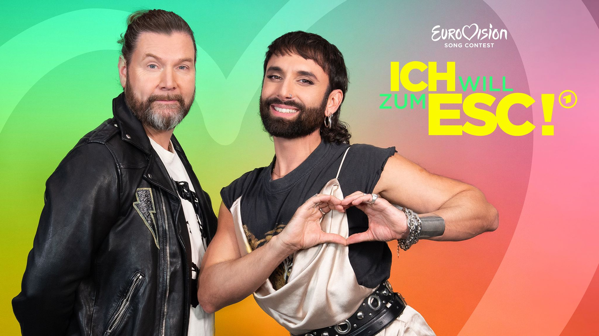 Rea Garvey (l) und Conchita Wurst in der Kulisse von «Ich will zum ESC!». - Foto: André Kowalski/NDR/dpa