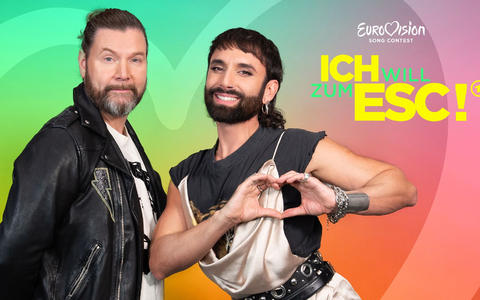 Rea Garvey (l) und Conchita Wurst in der Kulisse von «Ich will zum ESC!». - Foto: André Kowalski/NDR/dpa
