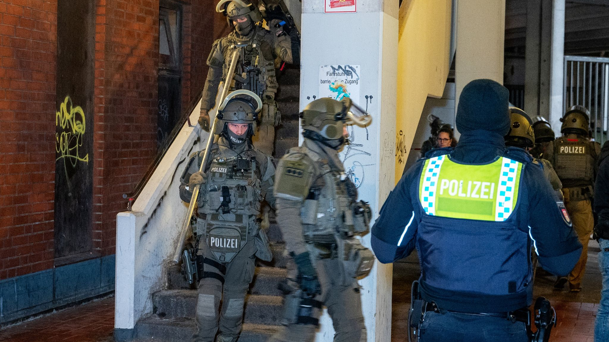 Polizisten einer Spezialeinheit in Hamburg-Billstedt im Einsatz. - Foto: Schröder/NEWS5/dpa