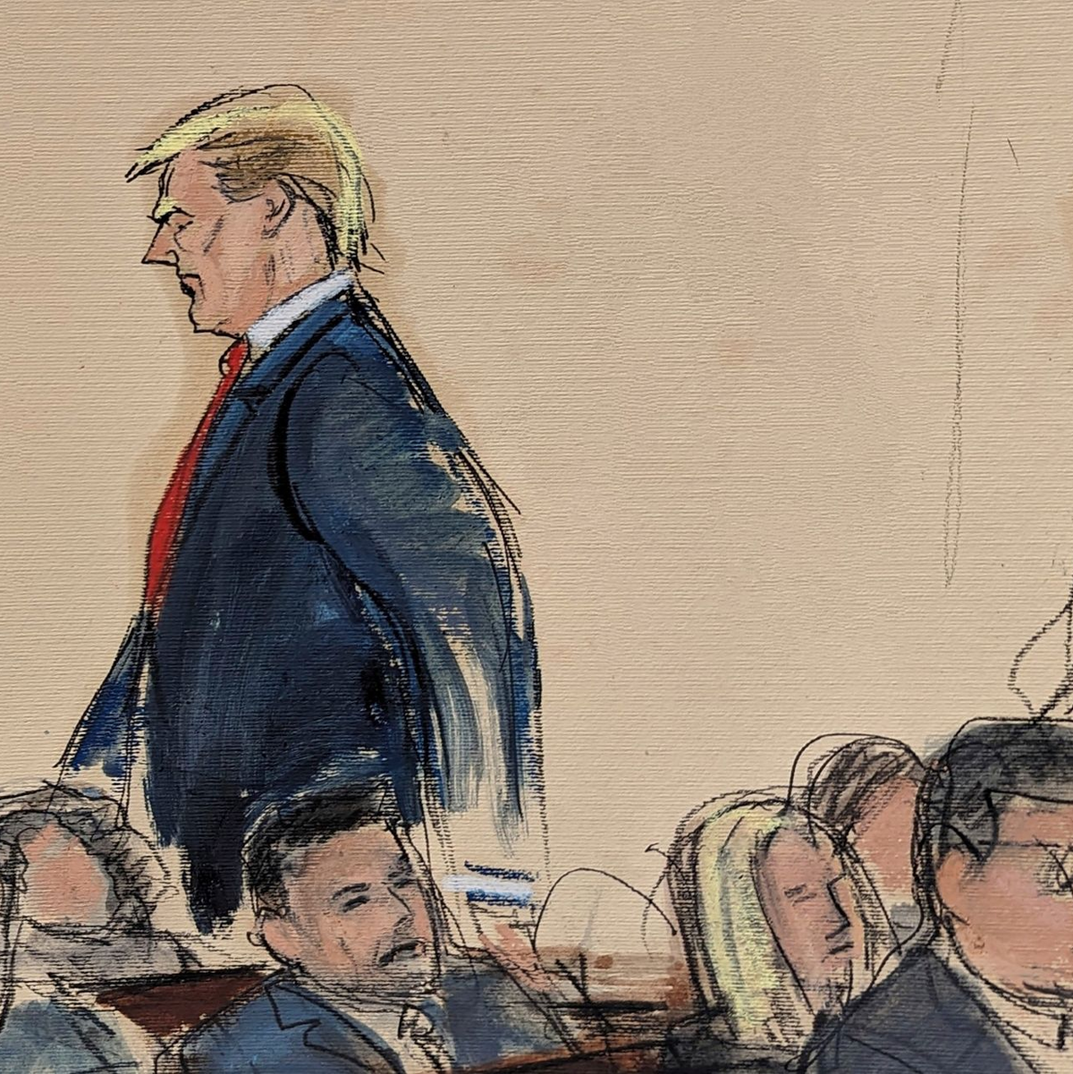 Diese Gerichtssaal-Skizze zeigt, wie der ehemalige Präsidenten Donald Trump (l) gefolgt von seinem Rechtsbeistand Boris Epshteyn den Gerichtssaal verlässt. - Foto: Elizabeth Williams/AP/dpa