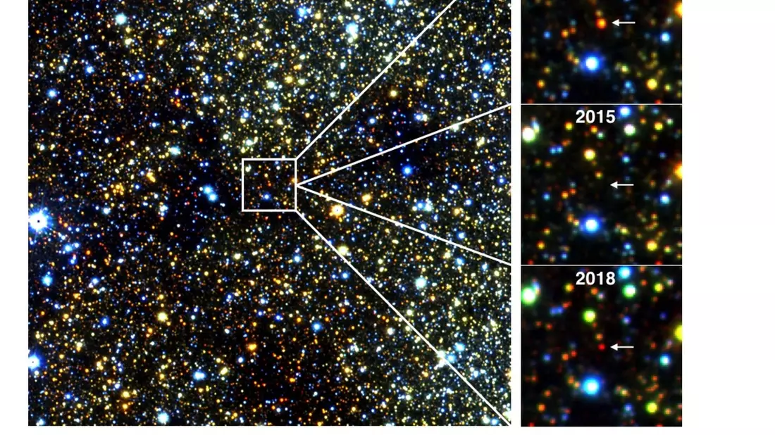 Infrarotbilder eines etwa 30.000 Lichtjahre entfernten roten Riesensterns in der Nähe des Zentrums unserer Milchstraßengalaxie, der im Laufe mehrerer Jahre verblasste und wieder auftauchte. - Bild: Philip Lucas/University of Hertfordshire/dpa