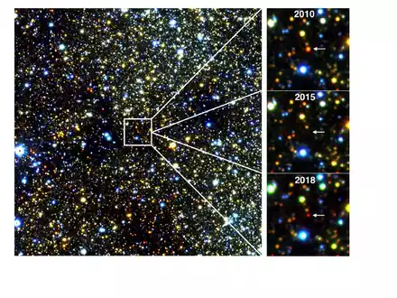 Infrarotbilder eines etwa 30.000 Lichtjahre entfernten roten Riesensterns in der Nähe des Zentrums unserer Milchstraßengalaxie, der im Laufe mehrerer Jahre verblasste und wieder auftauchte. - Foto: Philip Lucas/University of Hertfordshire/dpa
