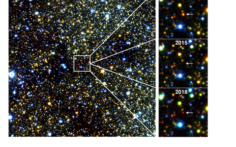 Infrarotbilder eines etwa 30.000 Lichtjahre entfernten roten Riesensterns in der Nähe des Zentrums unserer Milchstraßengalaxie, der im Laufe mehrerer Jahre verblasste und wieder auftauchte. - Foto: Philip Lucas/University of Hertfordshire/dpa