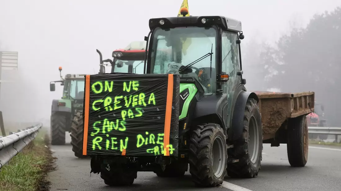 «Wir werden nicht sterben, ohne ein Wort zu sagen» - auch in Frankreich brodeln Bauernproteste. - Bild: Fred Scheiber/AP/dpa