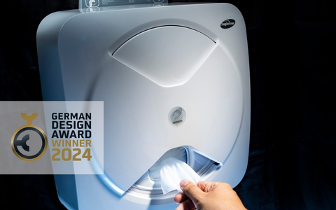 Hygieneunternehmen Hagleitner: German Design Award 2024 für den ersten automatischen Desinfektionstuchspender überhaupt - Foto: presseportal.de