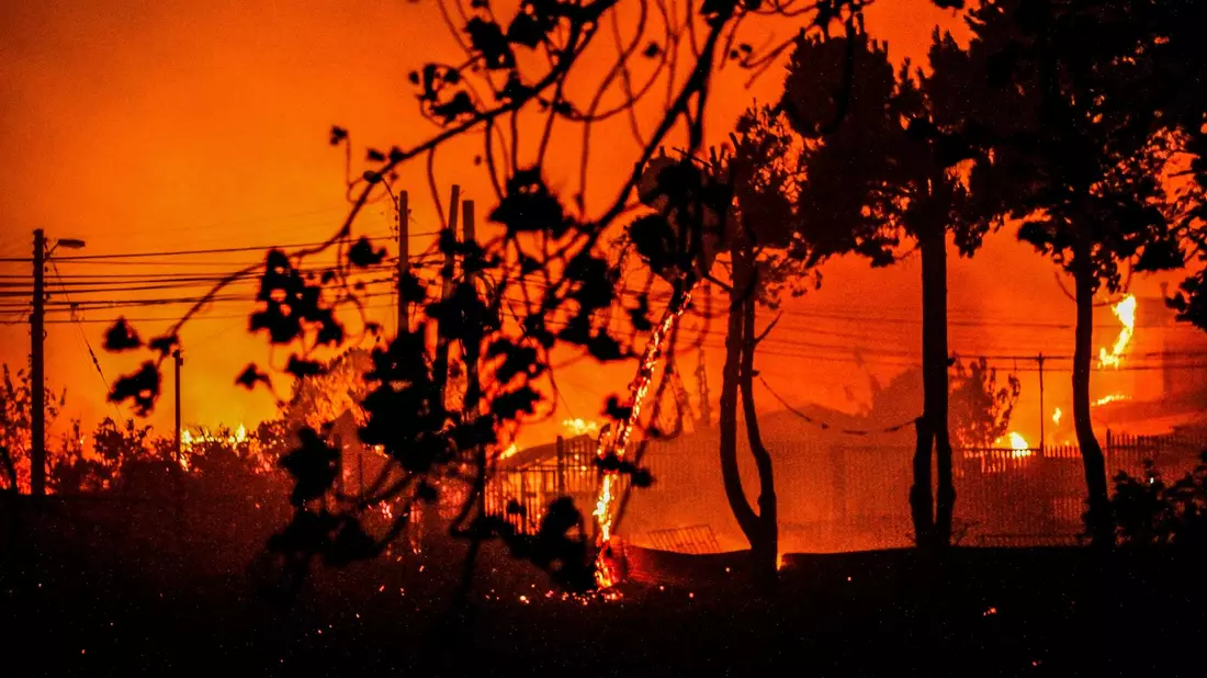 Flammen und Rauch sind zu sehen, als Häuser während eines Waldbrandes in Chile niederbrennen. - Bild: Cristobal Basaure Araya/SOPA Images via ZUMA Press Wire/dpa