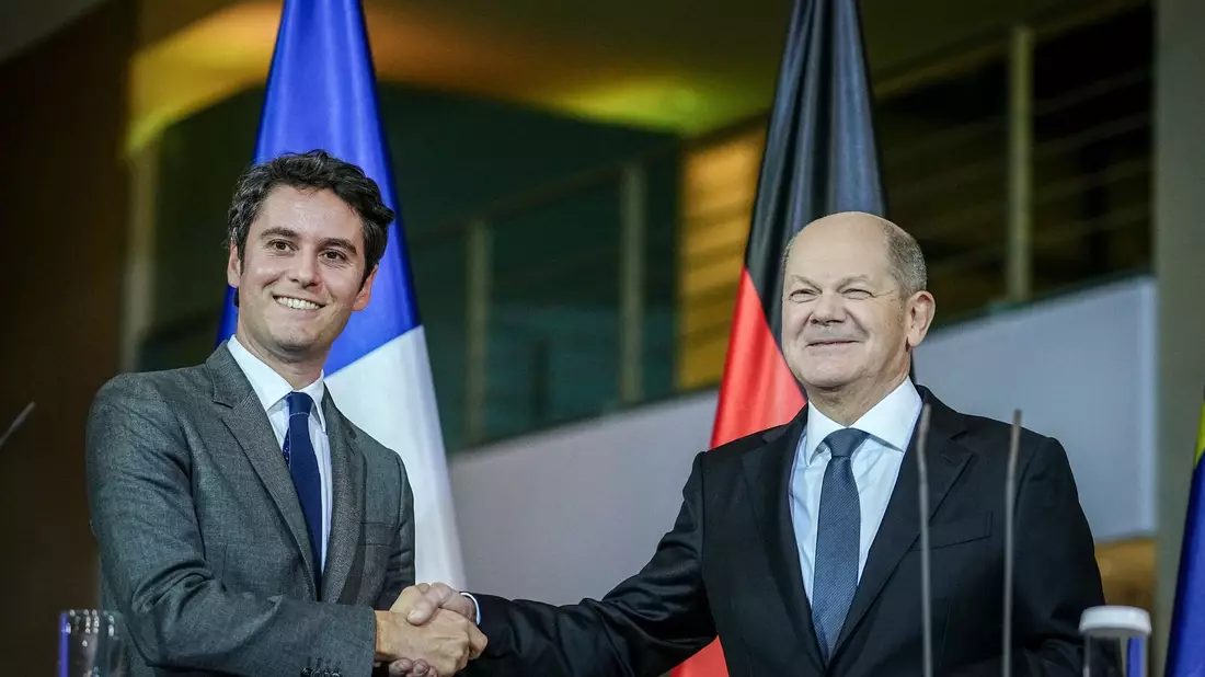Bundeskanzler Olaf Scholz und der französische Premierminister Gabriel Attal geben im Bundeskanzleramt eine Pressekonferenz. - Bild: Kay Nietfeld/dpa