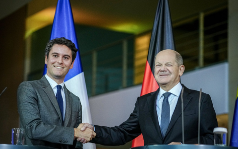 Bundeskanzler Olaf Scholz und der französische Premierminister Gabriel Attal geben im Bundeskanzleramt eine Pressekonferenz. - Foto: Kay Nietfeld/dpa