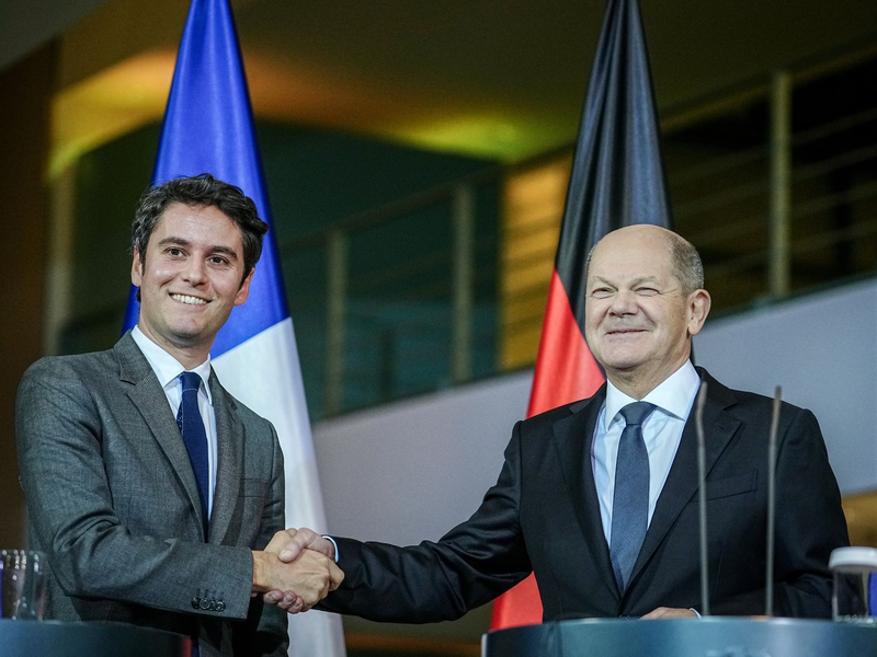 Bundeskanzler Olaf Scholz und der französische Premierminister Gabriel Attal geben im Bundeskanzleramt eine Pressekonferenz. - Foto: Kay Nietfeld/dpa
