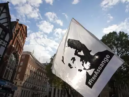Eine Fahne mit dem Konterfei von Julian Assange wird bei einer Demonstration vor dem Royal Courts of Justice in London geschwenkt. - Foto: Jeff Moore/PA Wire/dpa
