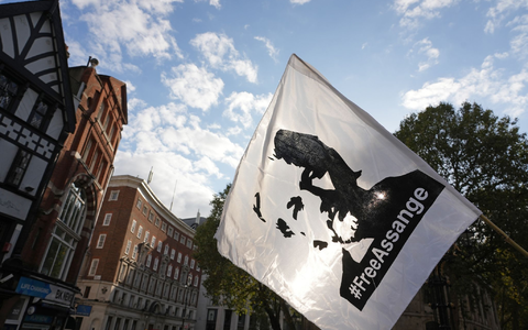 Eine Fahne mit dem Konterfei von Julian Assange wird bei einer Demonstration vor dem Royal Courts of Justice in London geschwenkt. - Foto: Jeff Moore/PA Wire/dpa