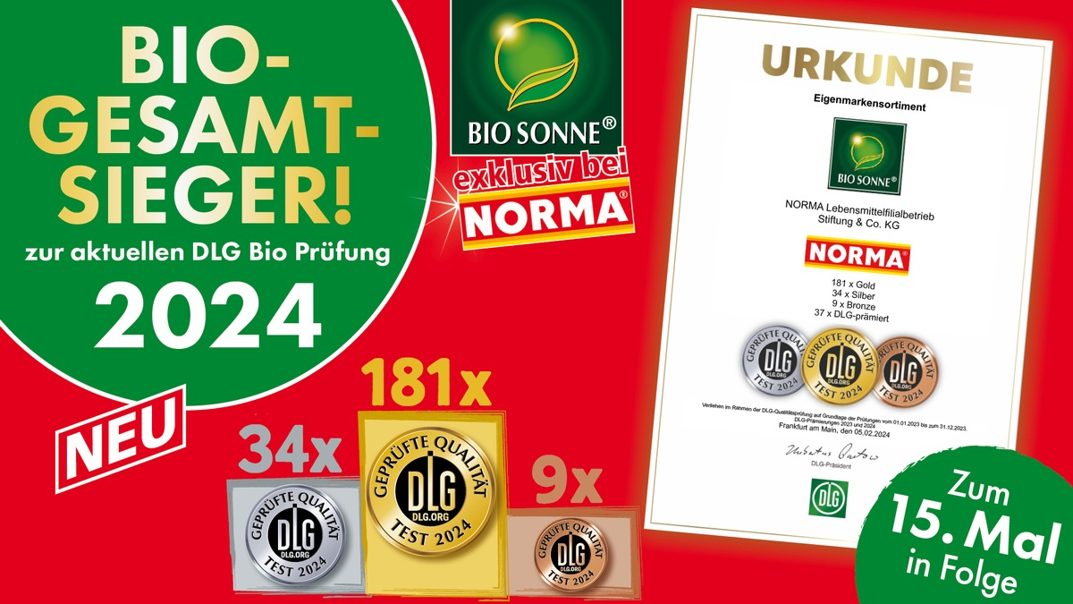 Bio-Gesamtsieger 2024: NORMA kann sich auf 224 DLG-Auszeichnungen für die Eigenmarke BIO SONNE bei der BIOFACH 2024 freuen / Lebensmittel-Discounter NORMA auch in diesem Jahr wieder meist prämiert - Foto: presseportal.de