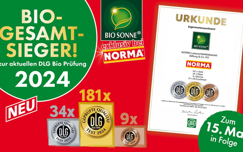 Bio-Gesamtsieger 2024: NORMA kann sich auf 224 DLG-Auszeichnungen für die Eigenmarke BIO SONNE bei der BIOFACH 2024 freuen / Lebensmittel-Discounter NORMA auch in diesem Jahr wieder meist prämiert - Foto: presseportal.de