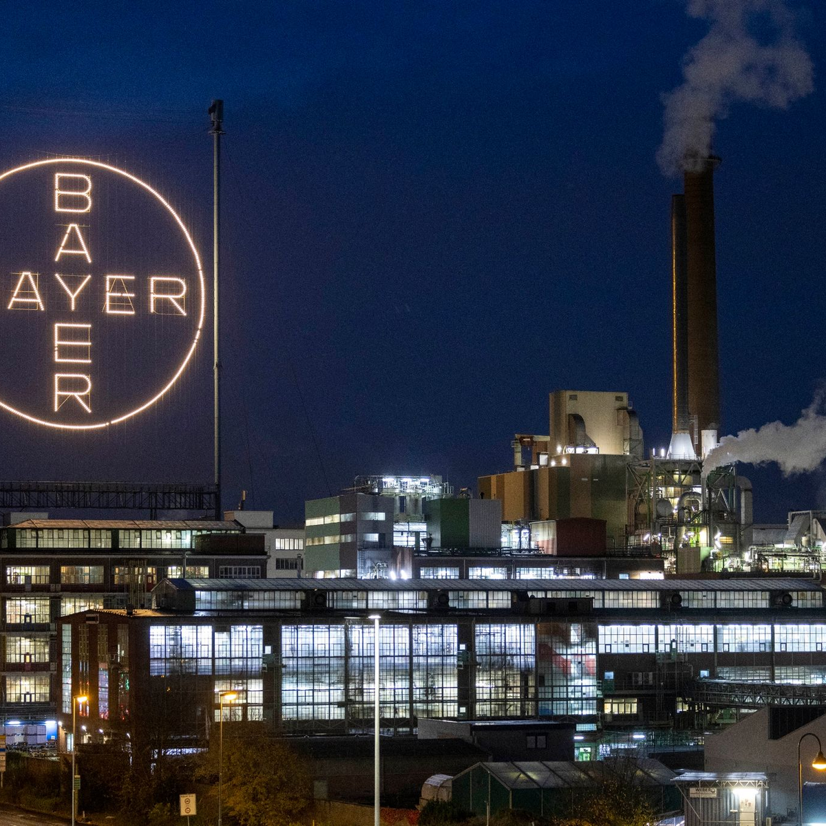 Das Bayer-Kreuz, das Logo des Unternehmens, leuchtet auf dem Werksgelände von Bayer in Leverkusen. - Foto: Thomas Banneyer/dpa