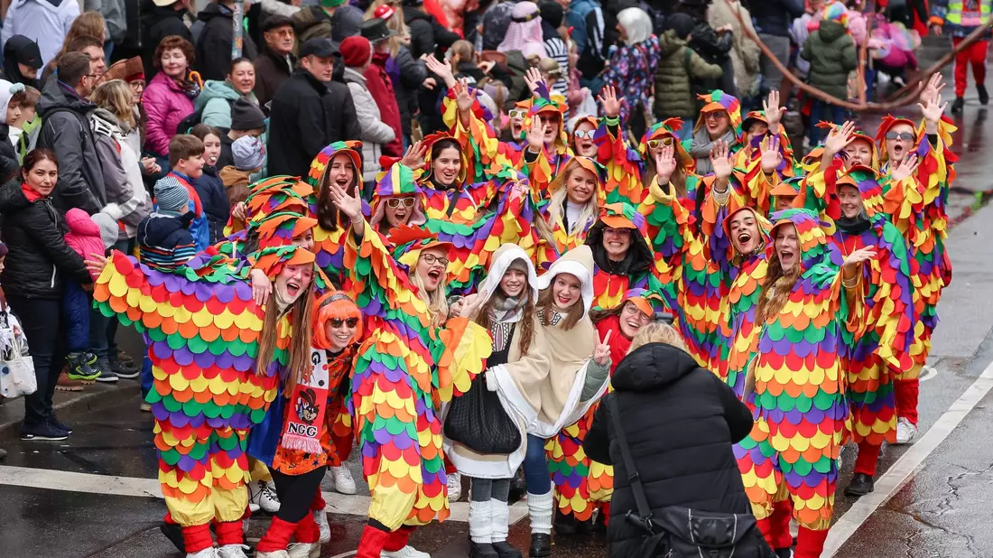 Narrinnen und Narren haben sich beim Faschingsumzug in Würzburg als Dalmatiner verkleidet. - Bild: Daniel Löb/dpa