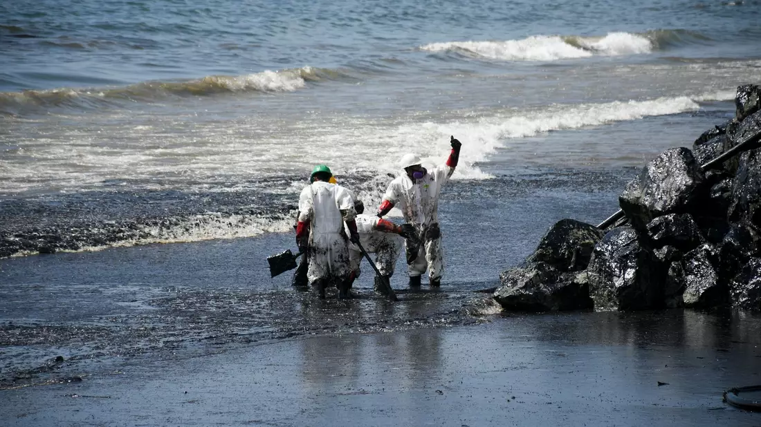 Arbeiter beseitigen einen Ölteppich, der den Strand von Rockly Bay in Scarborough im Südwesten Tobagos erreicht hat. - Bild: Akash Boodan/AP/dpa